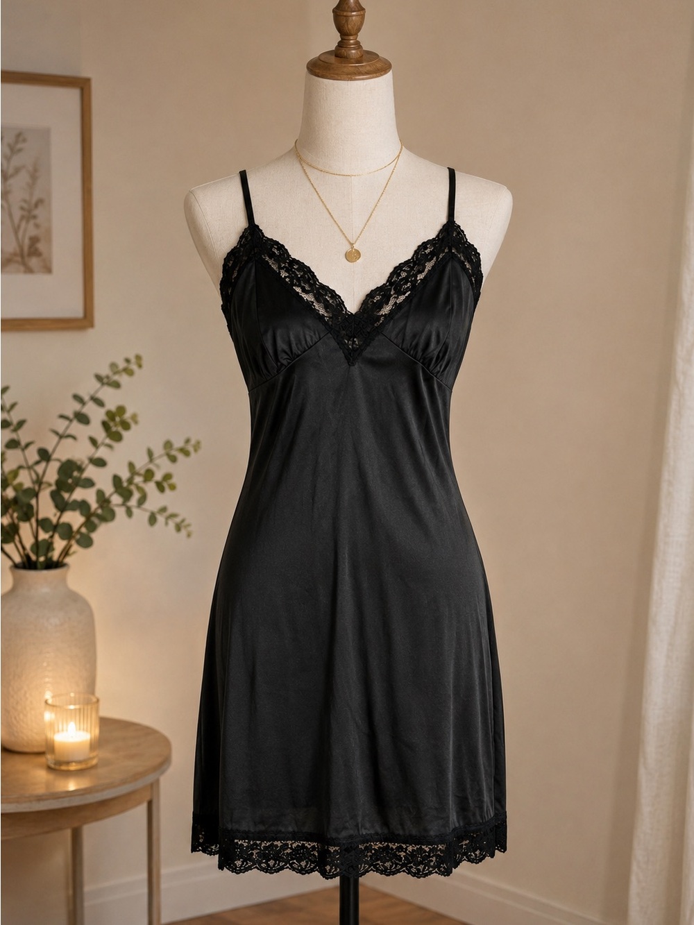 Source Unknown Black Satin Slip with Lace Trim